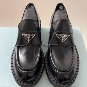 PRADA Chocolate Brushed Leather Loafer Black Size 38